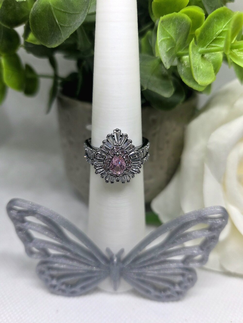 Radiant Pear Pink Halo Ring in Silver-Tone